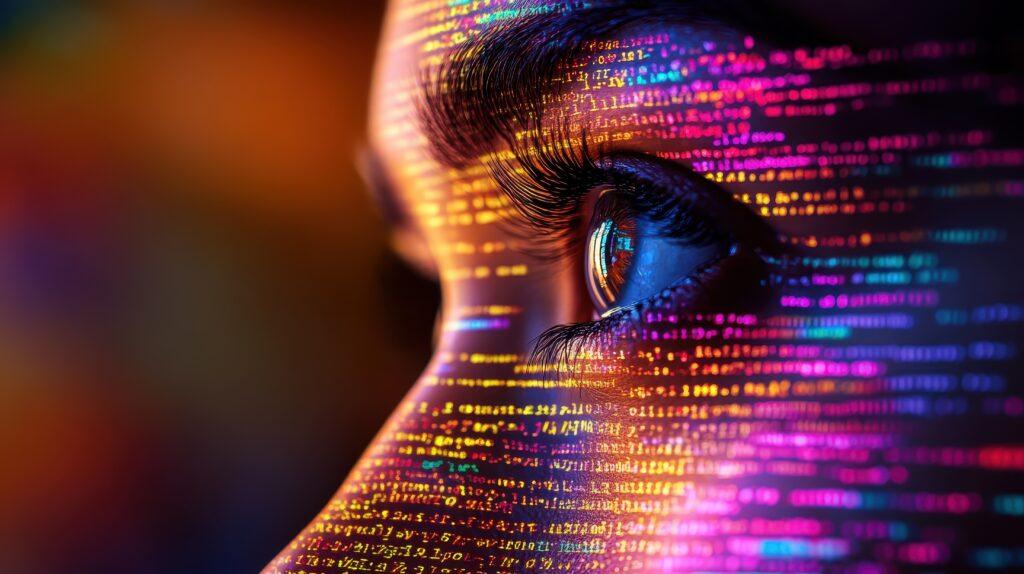 ai ethics ensuring inclusive innovation, merging human values with cuttingedge technology close up, focus on ethical ai codes, surreal, manipulation, diverse tech labs as backdrop